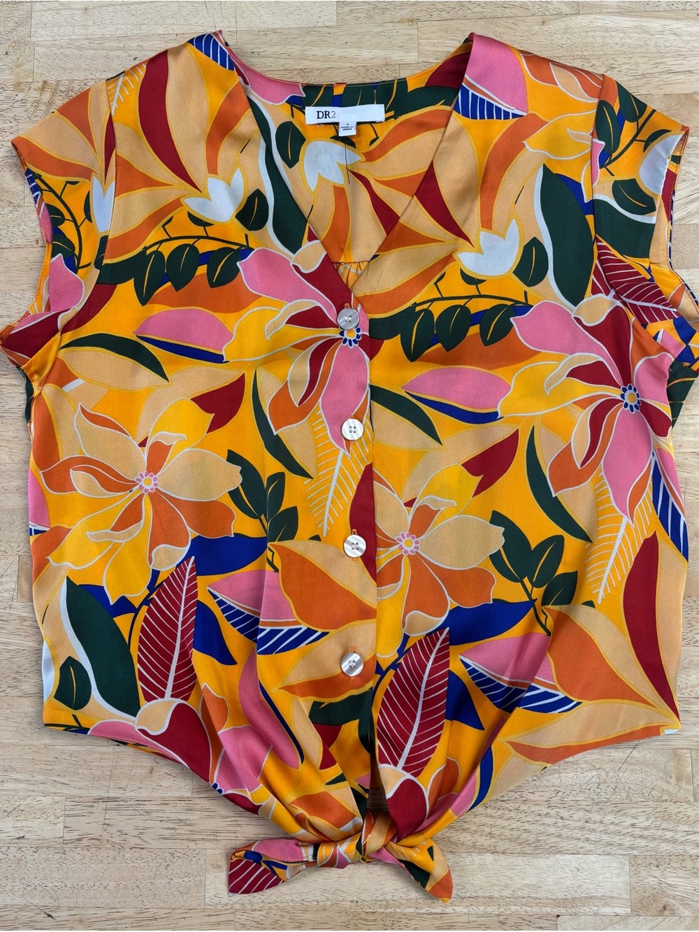 DR2 Multicolor Floral Tie-Front Blouse in Yellow and Pink